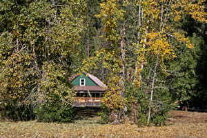 Looking at the Lodge through the autumn colored trees.